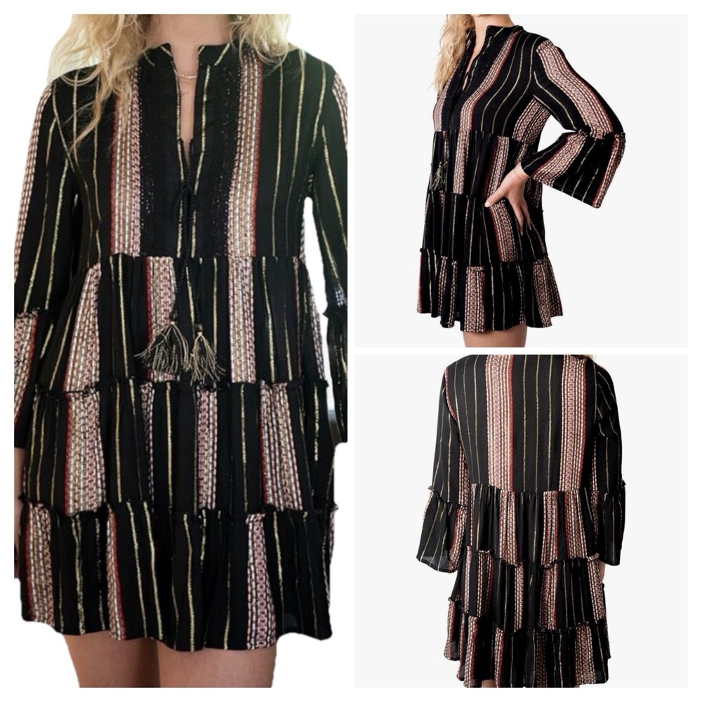 Turks & Caicos Womens Small Black Bell Sleeve Metallic Stripped Boho Flowy Dress
